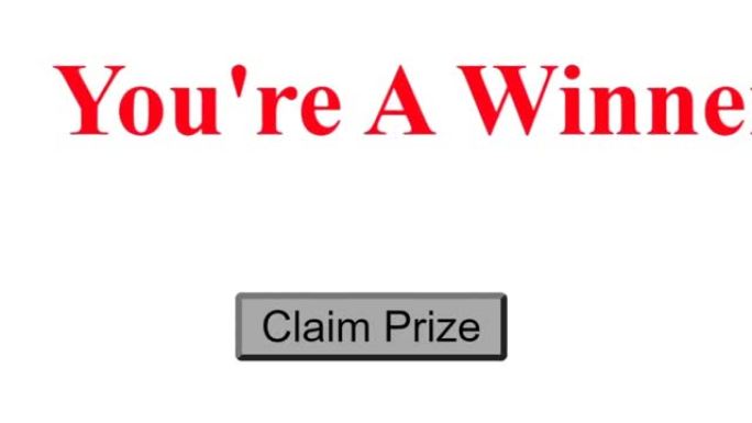 鼠标光标滑动并点击 “你是赢家” 字幕在网页上领取奖品。光标点击在线获奖的设备屏幕视图。互联网网站的