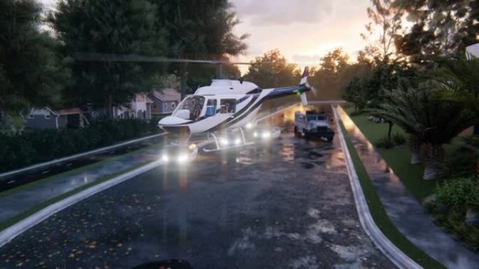 一架载有记者或调查人员的直升机飞来调查最近的一起犯罪事件。警车停在湿沥青上的场景。动画为犯罪、新闻或