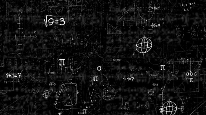 黑色背景上漂浮在数学方程式上的数学图和符号