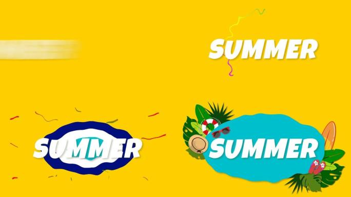 4k彩色夏季卡通背景。五彩纸屑上有文字夏天的波纹波动画，装饰有蓝色的水、热带棕榈叶、夏季时尚配饰和水