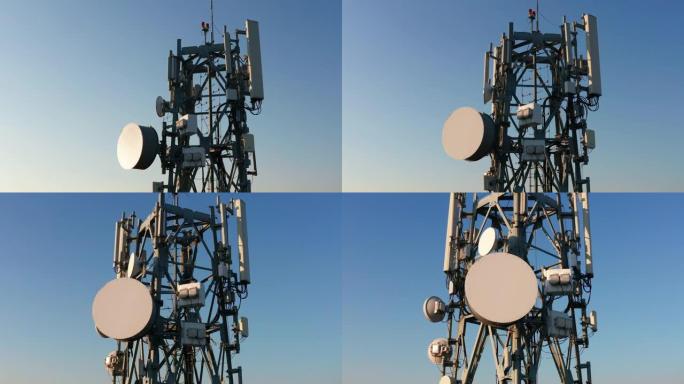 5g网络通信塔的轮廓，其特征是用于移动电信的无线电中继链路的蜂窝微波无线定向天线。