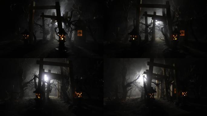 创意艺术品装饰。夜间抽象日式木隧道。幻想森林中的夜景。选择性聚焦