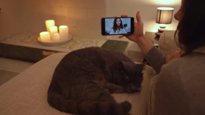 年轻女子在舒适的客厅沙发上放松，蜡烛和西班牙最好的朋友享受视频通话，而猫睡在离她很近的沙发上。视频会
