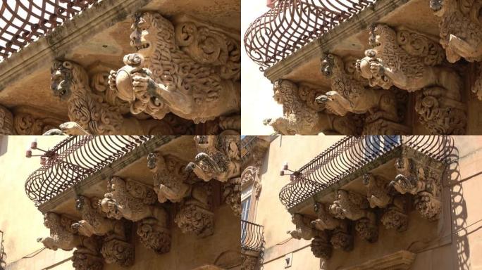 西西里岛诺托镇巴洛克奇迹-联合国教科文组织遗产。尼古拉宫阳台的细节，西西里巴洛克风格的最大表达。镜头