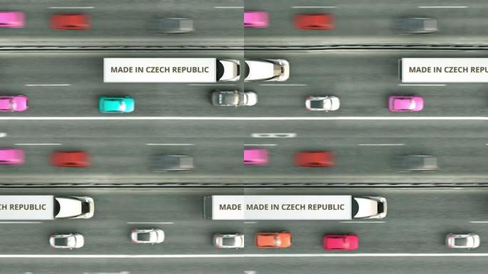 半挂卡车的空中俯视图，捷克制造文本沿着道路行驶。与业务相关的可循环3D动画