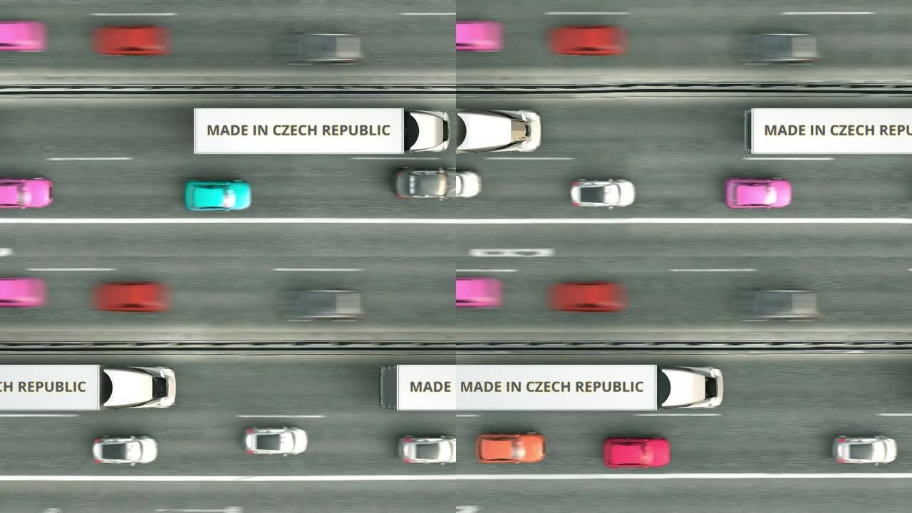 半挂卡车的空中俯视图，捷克制造文本沿着道路行驶。与业务相关的可循环3D动画