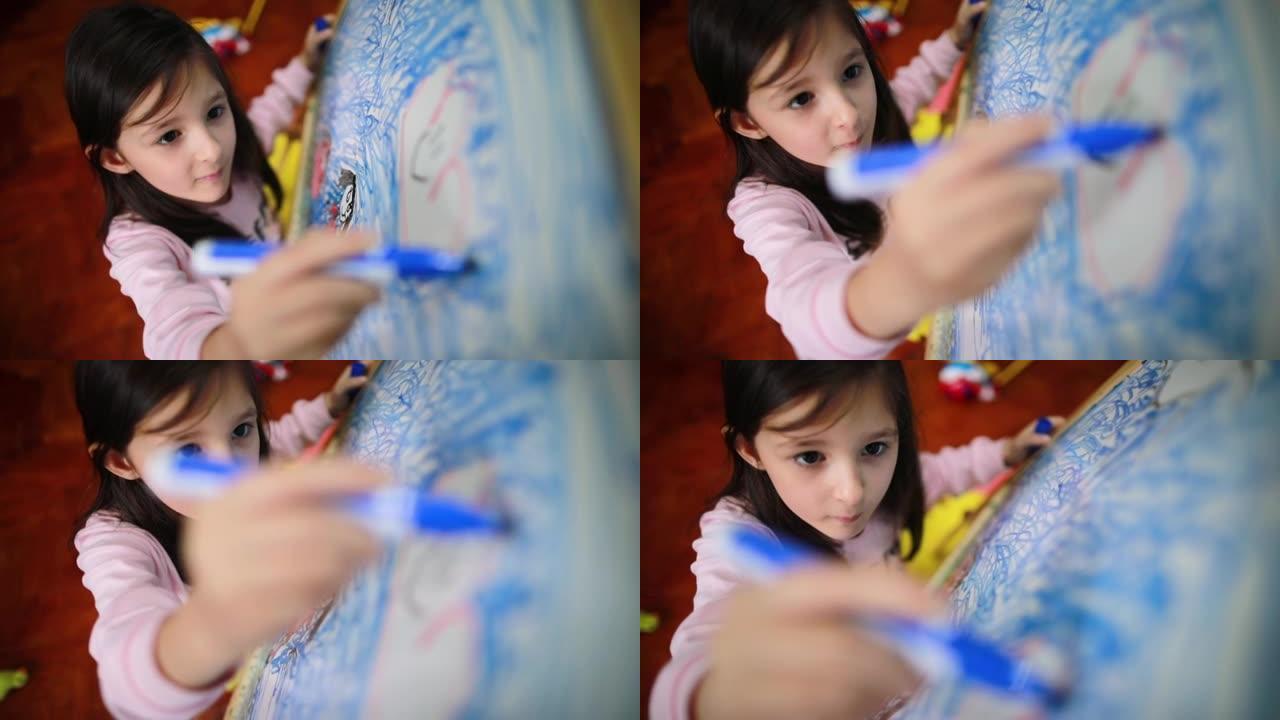 女孩在家中在白板上绘画时表达自己的创造力