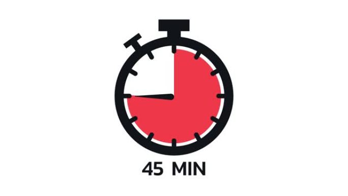 45分钟，秒表图标。平面样式的秒表图标，彩色背景上的计时器。运动图形。