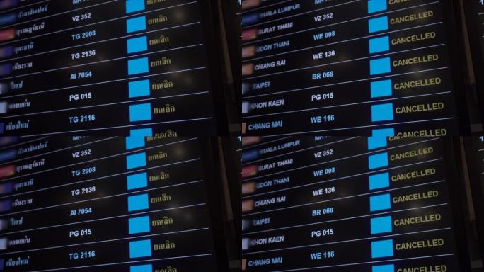出发板屏幕上的航班取消，由于冠状病毒新型冠状病毒肺炎而取消的行程