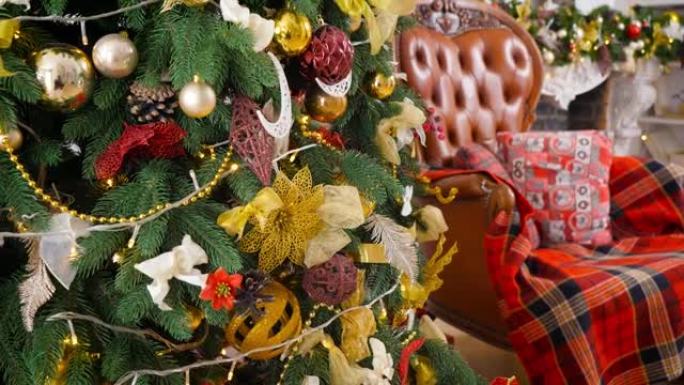 圣诞树上发光的花环特写镜头，靠着房子里美丽的客厅。寒假背景或背景。