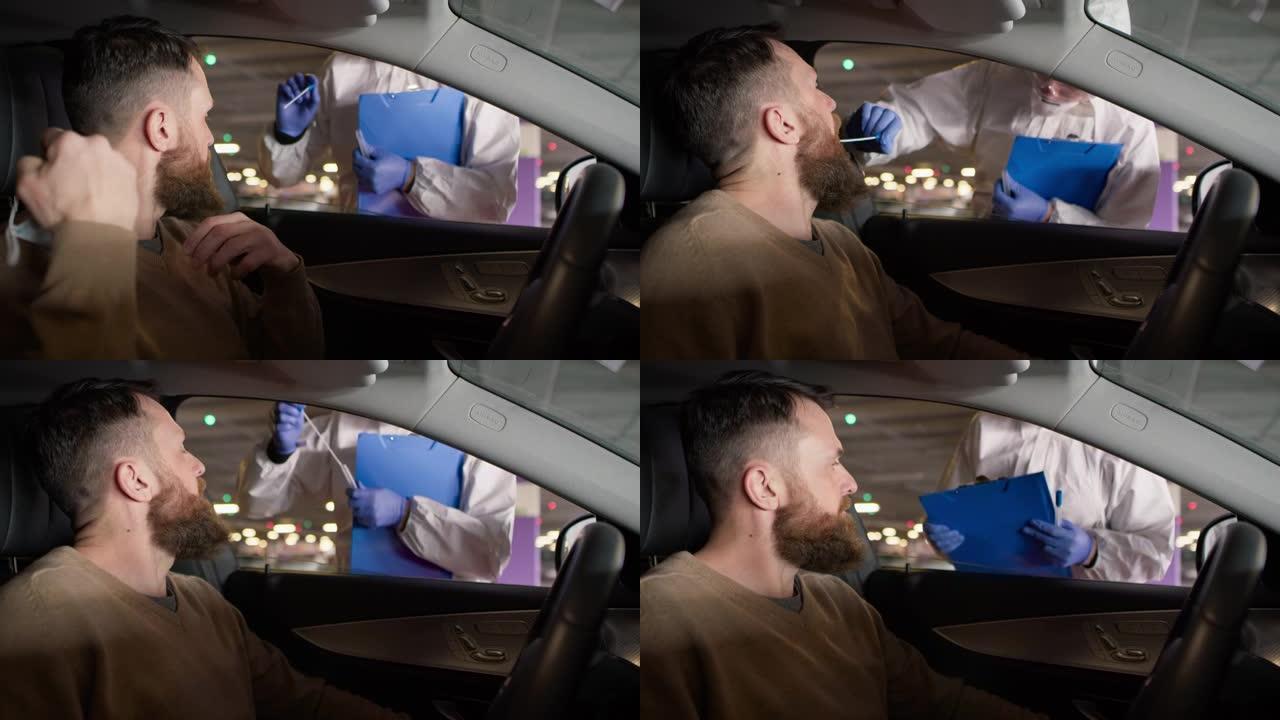 停止汽车进行冠状病毒测试的视频。用8k的红氦相机拍摄。