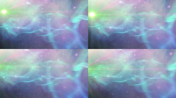 在宇宙中的蓝色和紫色光试验中发光的白点和星星的动画