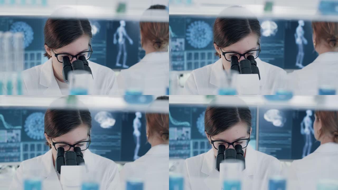使用显微镜的女科学家-脸部特写。背景下从事冠状病毒研究的女医生