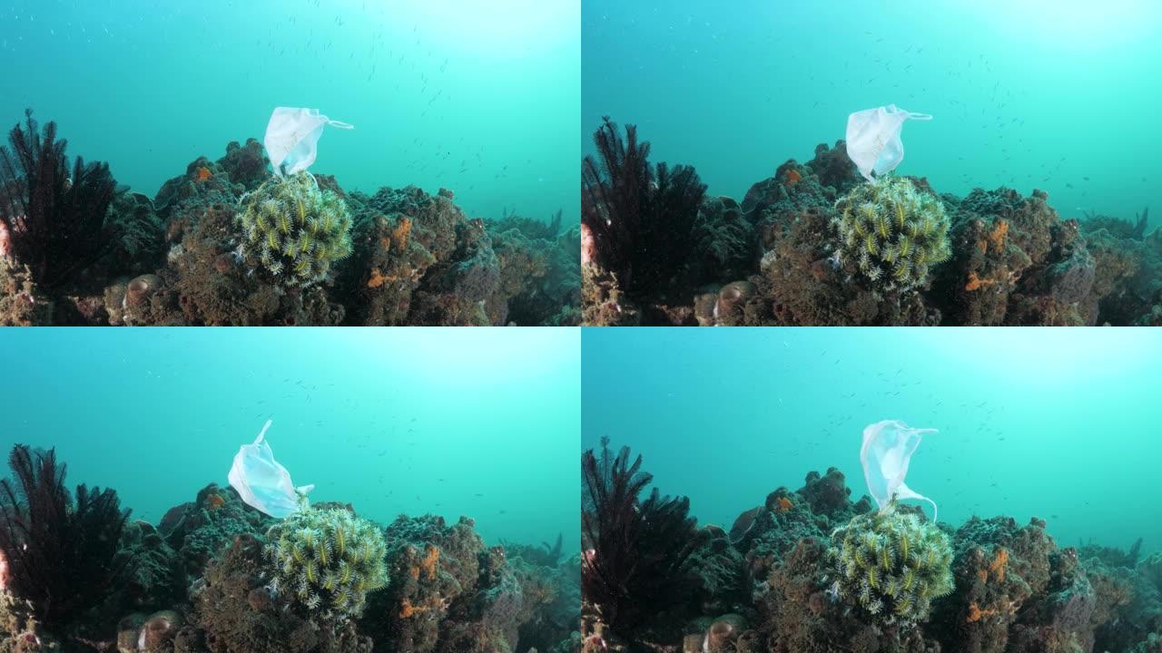 从日冕病毒大流行垃圾在珊瑚礁上丢弃的医用口罩
