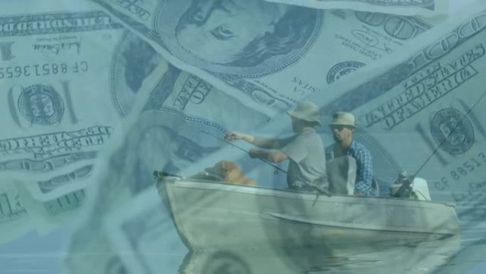 两名渔民用美元钞票旋转捕鱼的数字合成视频