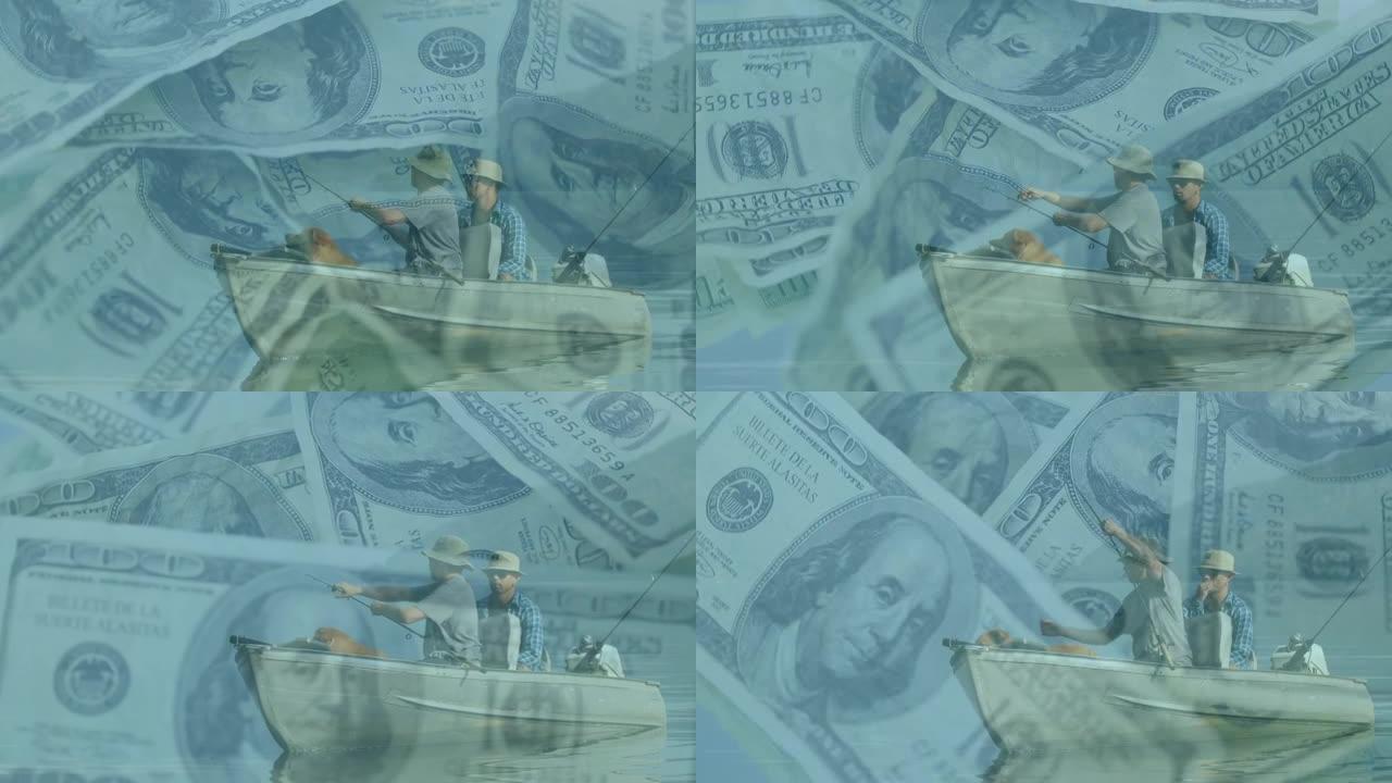两名渔民用美元钞票旋转捕鱼的数字合成视频