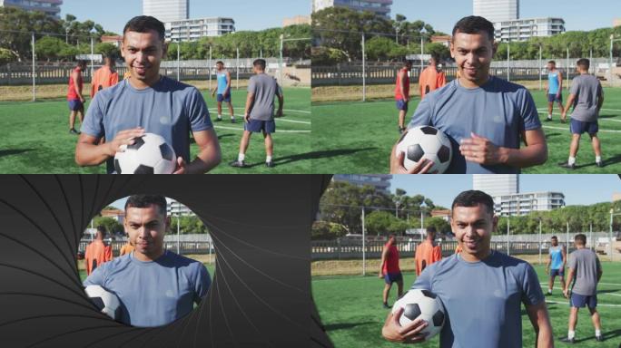 相机快门点击效果对抗手持足球的男足球运动员的肖像