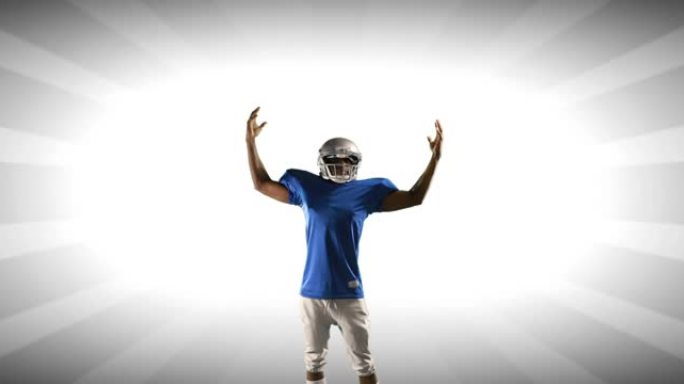 白色条纹背景上戴着头盔的美国橄榄球运动员的动画