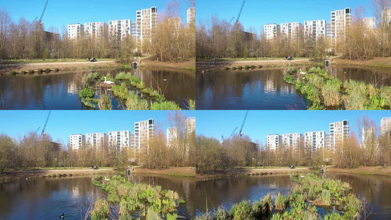 伦敦金融城令人惊叹的鸭子池塘的电影展示，低角度的空中拍摄