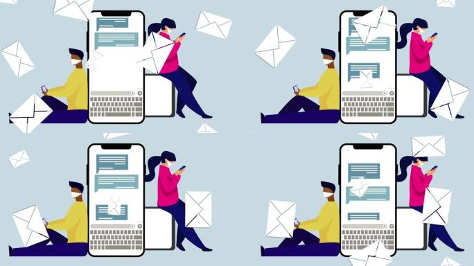 使用智能手机的多重信息图标落在戴着口罩的男人和女人身上