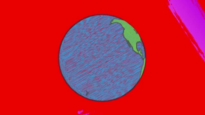 红色背景上的画笔和墨迹旋转的地球仪动画