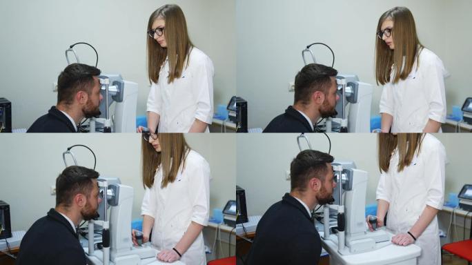 眼科诊所视力矫正专用设备。特殊的纠正技术最新的设备。诊所里的男人肖像。