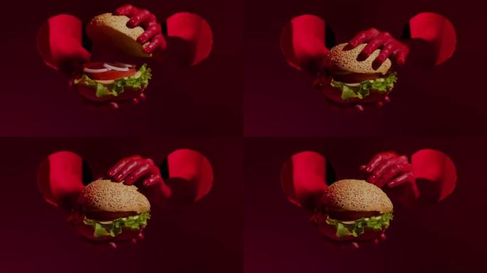 美女红手中的美味芝士汉堡特写。食欲汉堡。