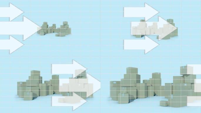 白色箭头指向蓝色背景上的纸板箱堆叠的动画