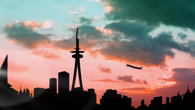 飞机起飞的动画在蓝天上日落时映衬的现代城市景观