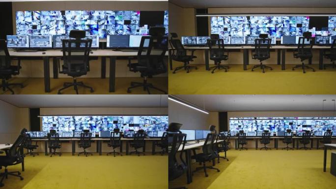 闭路电视主要安全数据中心的空办公室、办公桌和椅子。