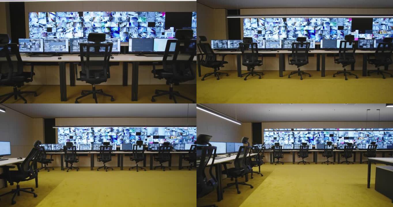 闭路电视主要安全数据中心的空办公室、办公桌和椅子。