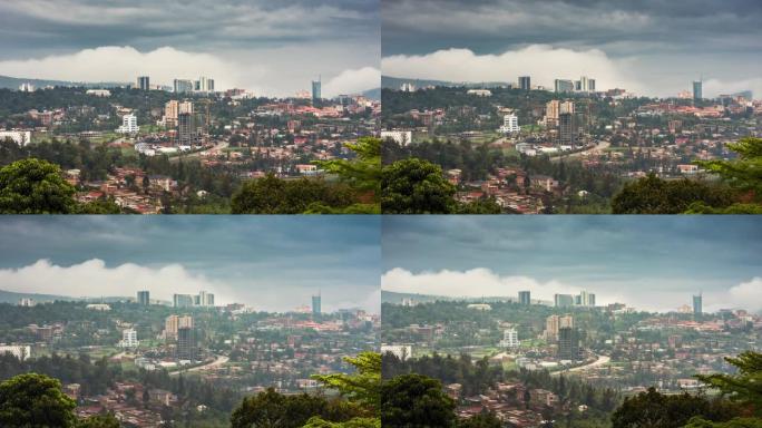 基加利天际线的延时，显示云和汽车的运动。卢旺达