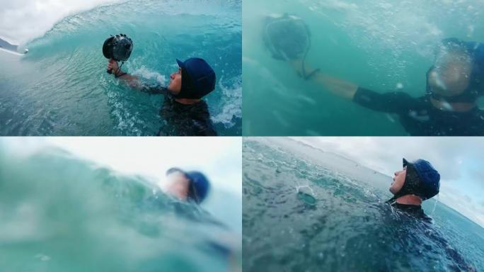 冲浪摄影师。带有动作相机的人拍摄了破浪的照片