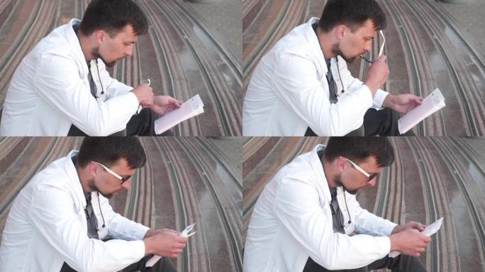心脏病专家拿着心电图或心电图图，坐在医院外面的楼梯上。年轻的医生学生课前学习工作心。心血管系统检查