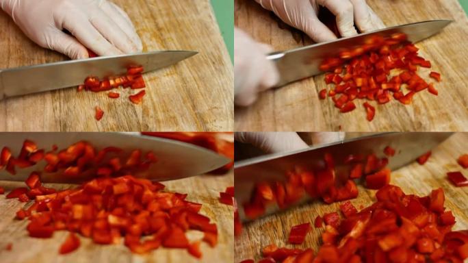 厨师的手切碎新鲜的甜红甜椒。墨西哥玉米饼的制作过程。延时