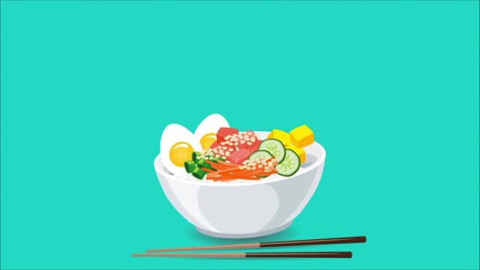 夏威夷的鲑鱼和蔬菜戳碗。视频菜单设计。将原料的动画倒入碗中