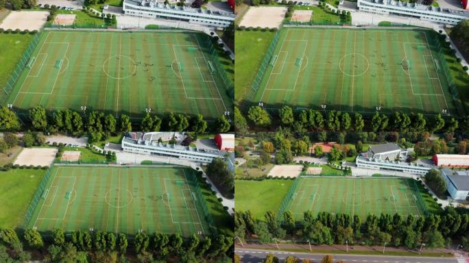 一架无人驾驶飞机在波兰格但斯克的一个体育馆内与两支足球队一起踢足球的小型足球场射击。