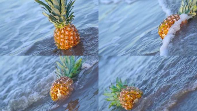 菠萝在海滩上被海浪抛下