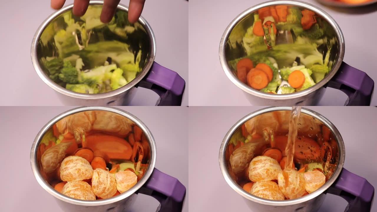 混合罐中的多种蔬菜和橙汁制作工艺