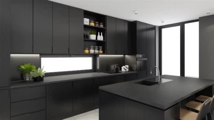 木制到黑色厨房设计。带岛桌的豪华厨房。白色背景。