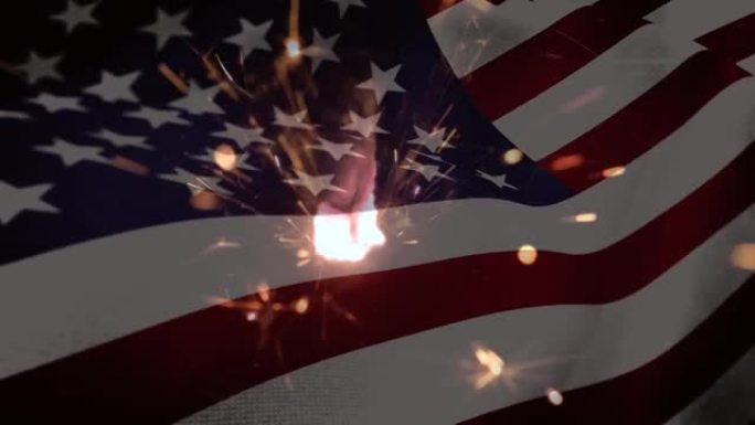 动画的近景火花对美国国旗挥舞