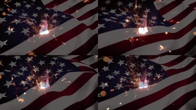 动画的近景火花对美国国旗挥舞