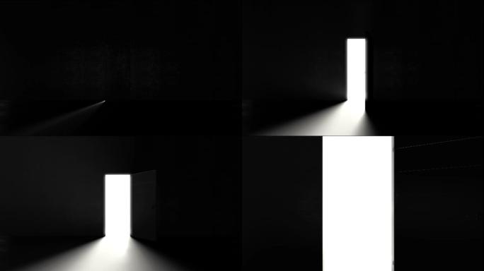 黑暗房间中的门打开，并用4k分辨率的明亮白光填充空间。光线进入低谷。开门的3D渲染动画
