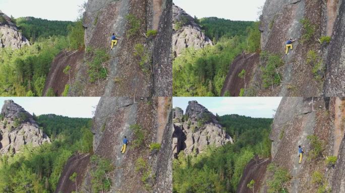 在西伯利亚自然保护区斯托尔比的岩壁上免费单人攀登。