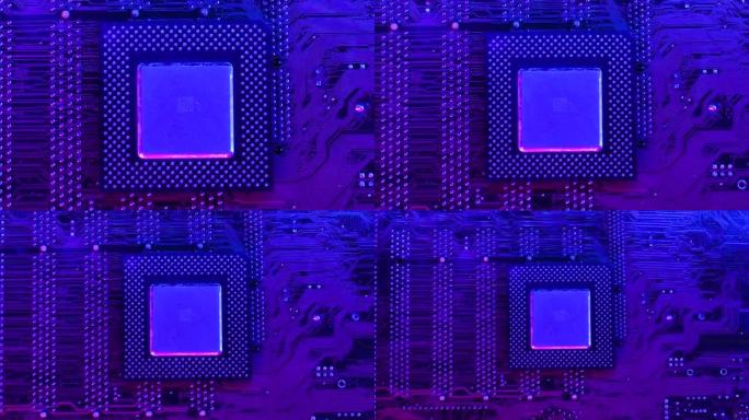 带芯片和科幻网络朋克粉色和蓝光效果的电子板