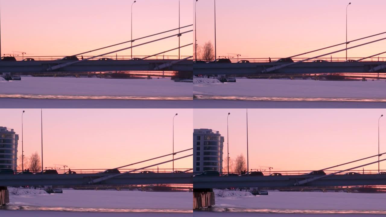 睡前运动慢跑日落桥城市冬季景观交通