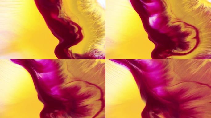 流体艺术绘画视频，现代丙烯酸纹理与彩色波浪。液体油漆混合艺术品与飞溅和漩涡。带有黄色、葡萄酒和白色溢