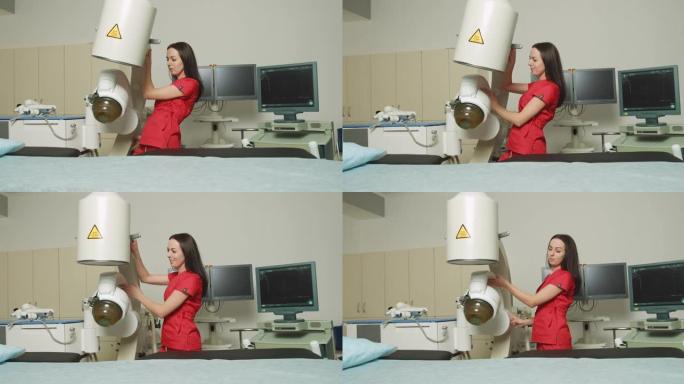 年轻迷人的女医生的肖像，站在现代超声波碎石机附近，同时准备在现代泌尿外科中心进行体外休克波治疗。超声