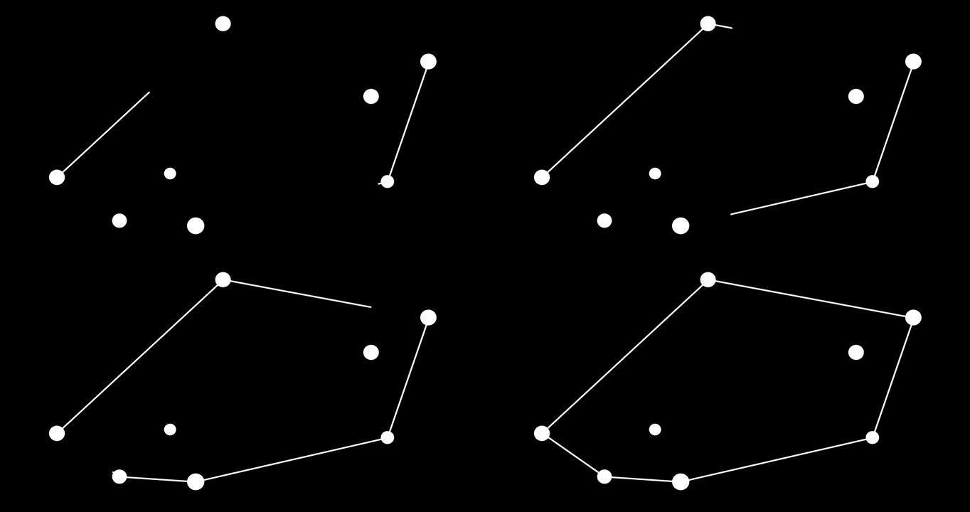 图卡那星座。夜空中的星星。黑白线条艺术风格的星座。星系团。横向构图，4k视频质量
