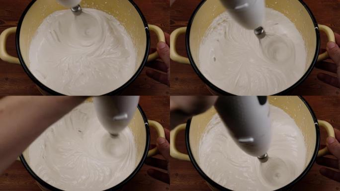 用搅拌器将蛋白打成奶油，准备蛋白酥皮